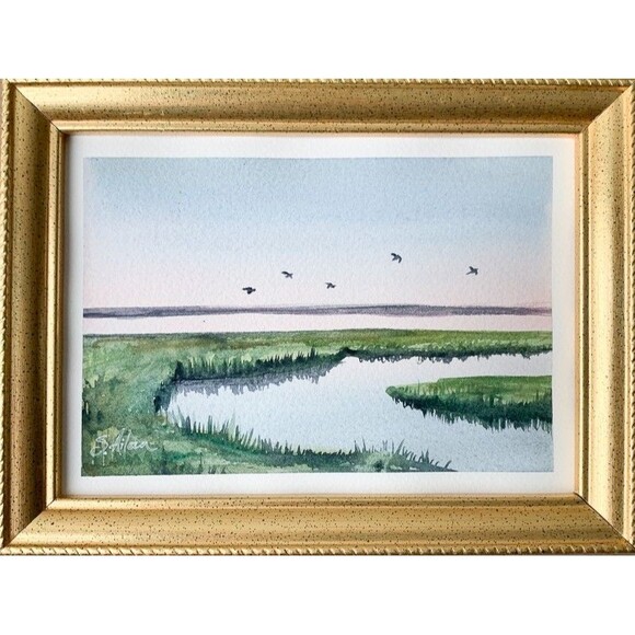 Gold Framed Original Watercolor Landscape Painting Lowcountry Birds 6x8" Signed - Picture 1 of 6